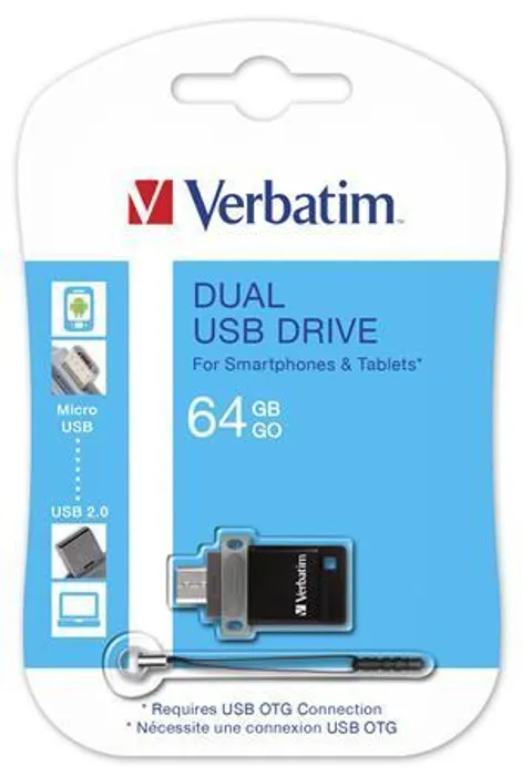 Hauptproduktbild 64GB USB flash disk "DUAL", USB 2.0 + micro USB adaptér, VERBATIM