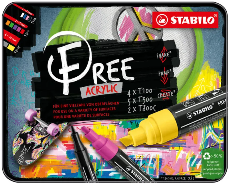 Hauptproduktbild Akrylový popisovač STABILO FREE Acrylic Startovací 11 ks sada - mix barev se 3 hroty