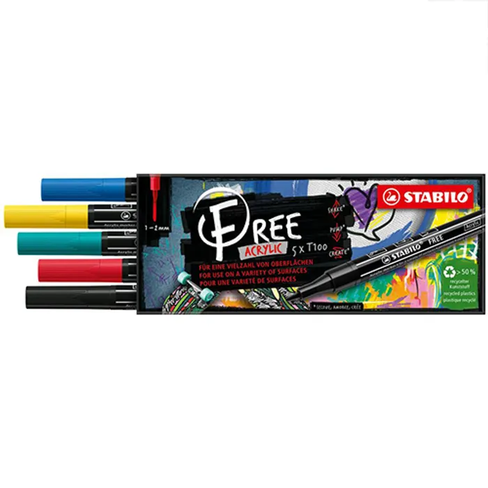 Hauptproduktbild Akrylový popisovač STABILO FREE Acrylic T100 Klínový hrot 1-3 mm - Royal set - sada 5 ks