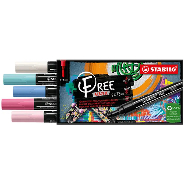 Hauptproduktbild Akrylový popisovač STABILO FREE Acrylic T300 Kulatý hrot 2-3 mm - Candy, sada 5 ks