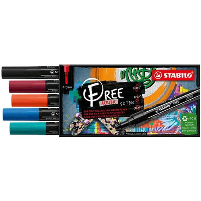 Hauptproduktbild Akrylový popisovač STABILO FREE Acrylic T300 Kulatý hrot 2-3 mm - Urban, sada 5 ks
