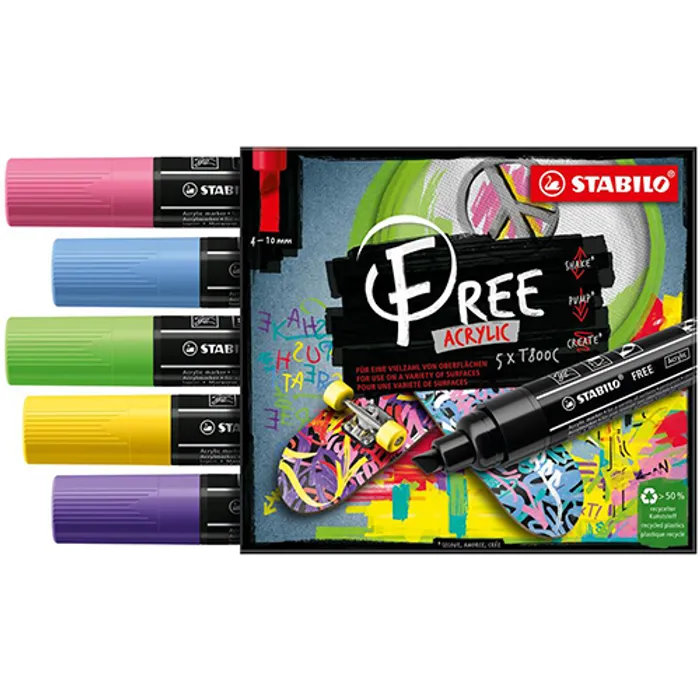 Hauptproduktbild Akrylový popisovač STABILO FREE Acrylic T800C Klínový hrot 4-10 mm - Seaside, sada 5 ks