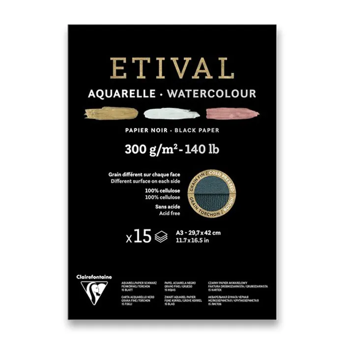 Hauptproduktbild Akvarelový blok Clairefontaine Etival Black Cold Pressed/Rough A3, 15 listů, 300 g