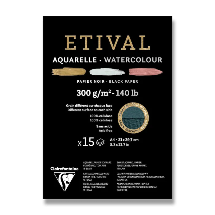 Hauptproduktbild Akvarelový blok Clairefontaine Etival Black Cold Pressed/Rough A4, 15 listů, 300 g