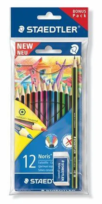 Hauptproduktbild Barevné pastelky "Noris Colour", 12 barev, šestihranné, + tužka + guma, STAEDTLER