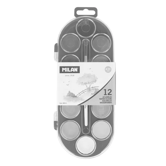 Hauptproduktbild Barvy vodové MILAN - 12 barev, 30 mm + štětec