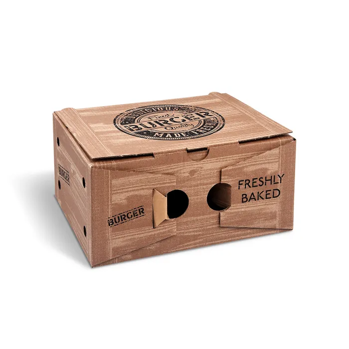 Hauptproduktbild Burger box (mikrovlnitá lepenka) 2dílný kraft s potiskem 210 x 160 x 100 mm [100 ks]