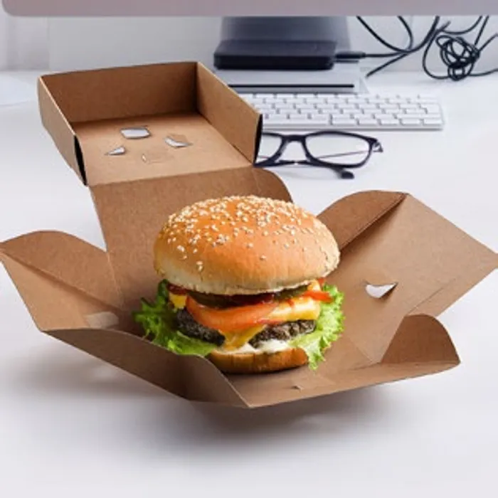 Hauptproduktbild Burger box (PAP - FSC Mix) rozkládací nepromastitelný kraft 120 x 120 x 100 mm [100 ks]