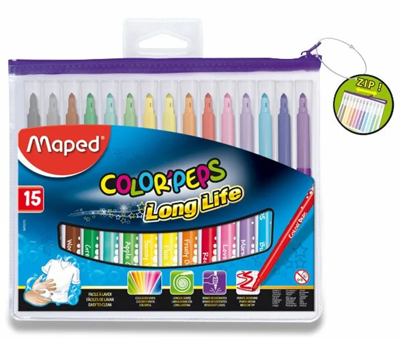 Hauptproduktbild Dětské fixy Maped Color´Peps Long Life, pouzdro na zip, 15 barev