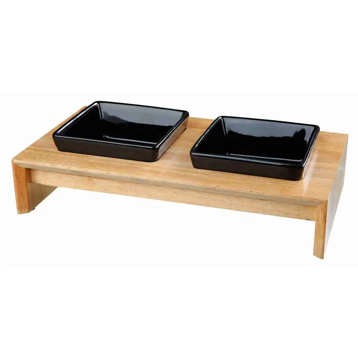 Hauptproduktbild Dřevěný bar, 2x keramická čtyřhranná miska, černá 2 × 0,2 l/10 x 10 cm/ 28 × 5 × 15 cm