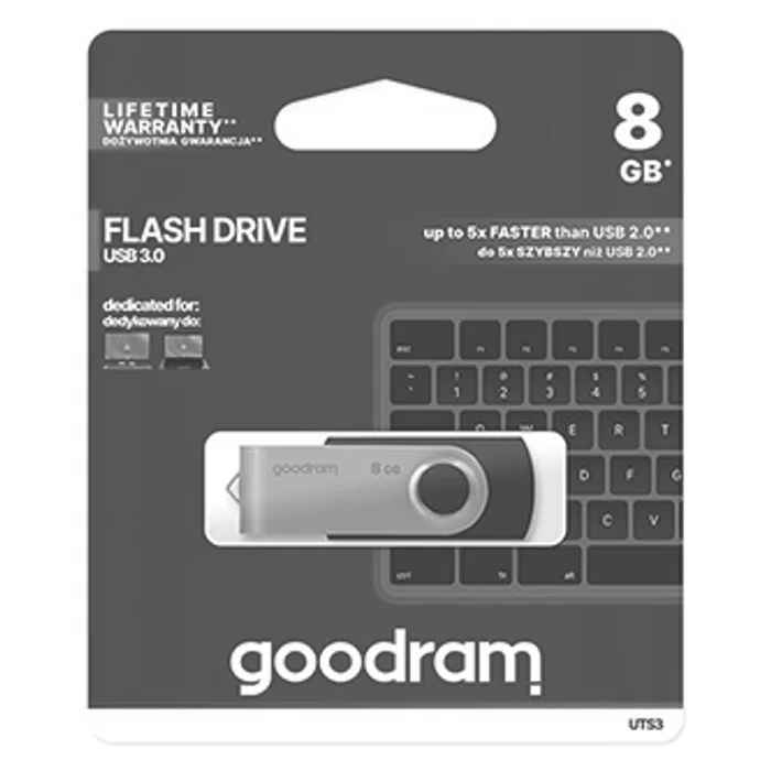 Hauptproduktbild Goodram USB flash disk, USB 3.0 (3.2 Gen 1), 8GB, UTS3, černý, UTS3-0080K0R11, USB A, s o