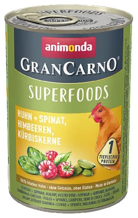 Hauptproduktbild GRANCARNO Superfoods kuře,špenát,maliny,dýňová semínka 400 g pro psy