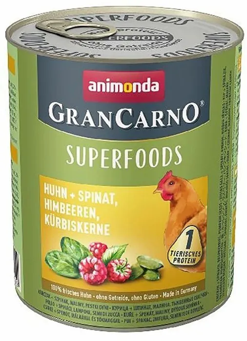 Hauptproduktbild GRANCARNO Superfoods kuře,špenát,maliny,dýňová semínka 800 g pro psy