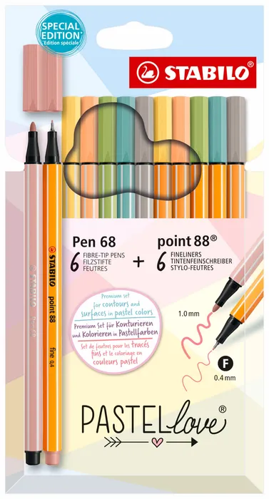 Hauptproduktbild Jemný liner & prémiový vláknový fix STABILO point 88 & STABILO Pen 68 - Pastellove - 12 ks