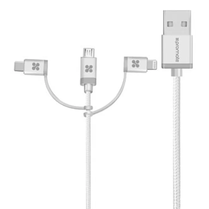 Hauptproduktbild Kabel USB (2.0), USB A M- Lightning M + USB C M + MicroUSB M, 1.2m, kulatý, stříbrný, Pro