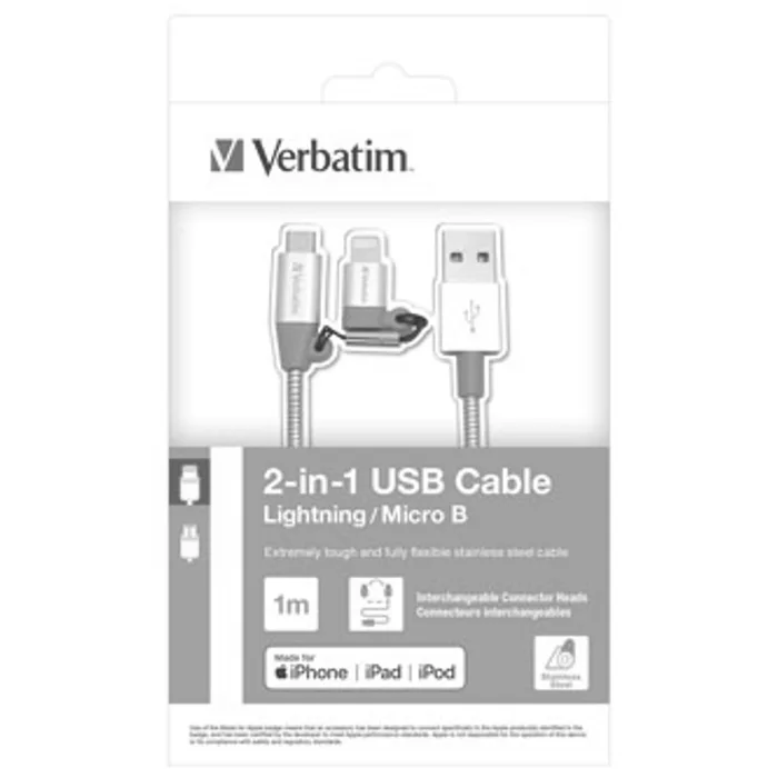 Hauptproduktbild Kabel USB (2.0), USB A M- USB micro M, 1m, 2 stříbrný, Verbatim, box, 48869, nastavitelná