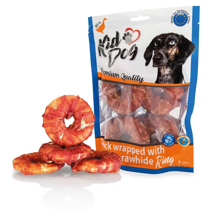 Hauptproduktbild KIDDOG kachní masíčko na buvolím 9 cm kroužku (4 ks/bal.)