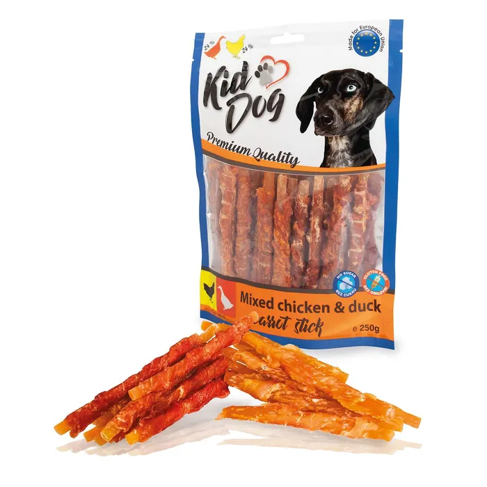 Hauptproduktbild KIDDOG mix mrkvových tyčinek kuřecí + kachní 12 cm 250 g