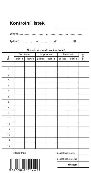 Hauptproduktbild Kontrolní lístek, píchačka 1144