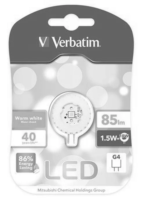 Hauptproduktbild LED žárovka, teplá bílá, blister, G4 patice, 85lm, 1,5W, 2700K, VERBATIM