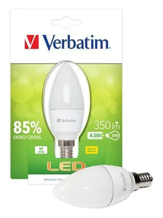 Hauptproduktbild LED žárovka, teplá bílá, Classic B - svíčková, E14, 350lm, 4,5W, 2700K, VERBATIM