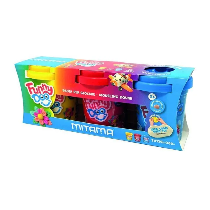 Hauptproduktbild Modelína FUNNY DOO, sada 3 barvy, 3x120 g, červená, modrá, žlutá, MITAMA 63848