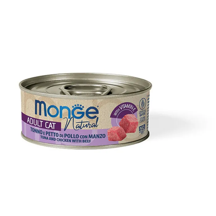 Hauptproduktbild MONGE NATURAL tuňák s kuřecími prsy a hovězím pro kočky 80 g