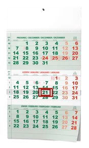 Wandkalender - Dreimonatskalender - A3 (mit internationalen Feiertagen) - grün