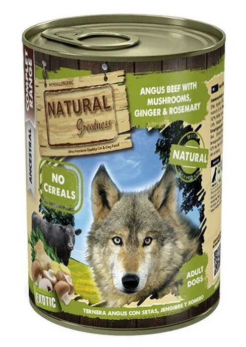 Hauptproduktbild Natural Greatness anguské hovězí maso, houby, zázvor, rozmarýn konzerva pro psy 400 g