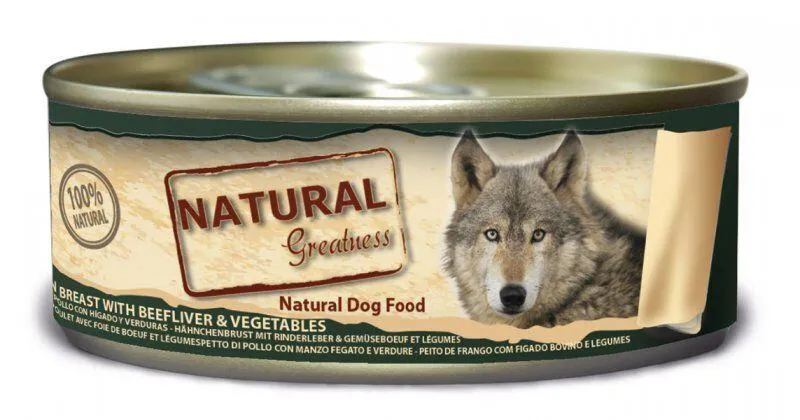 Hauptproduktbild Natural Greatness kuřecí prsa, hovězí játra, zelenina, konzerva pro psy 156 g