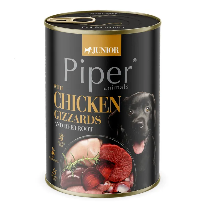 Hauptproduktbild NEW PIPER JUNIOR s kuřecími žaludky a červenou řepou, konzerva pro štěňata, 400 g