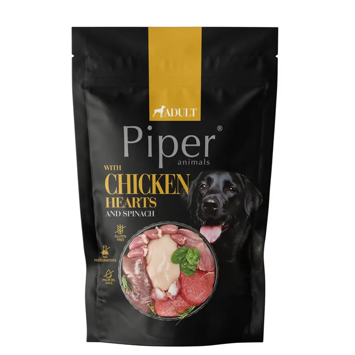 Hauptproduktbild NEW PIPER s kuřecími srdíčky a špenátem, kapsička pro psy 500 g