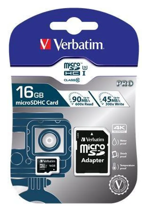 Hauptproduktbild Paměťová karta, microSDHC, 16GB, Class 10 UHS I, s adaptérem, VERBATIM "PRO"