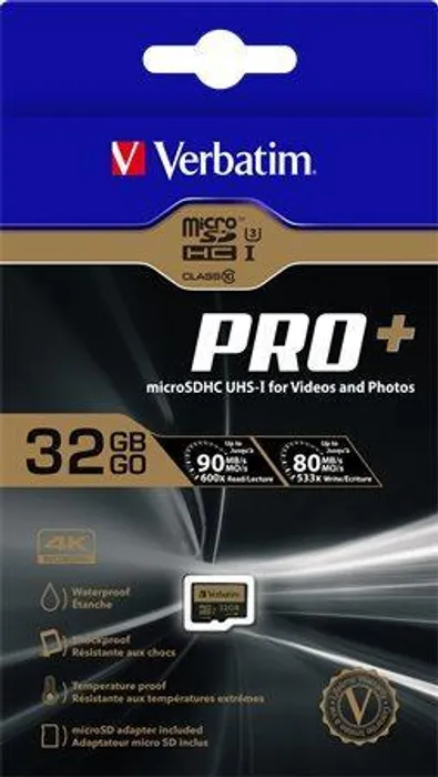 Hauptproduktbild Paměťová karta, microSDHC, 32GB, Class 10 UHS I, s adaptérem, VERBATIM "PRO+"