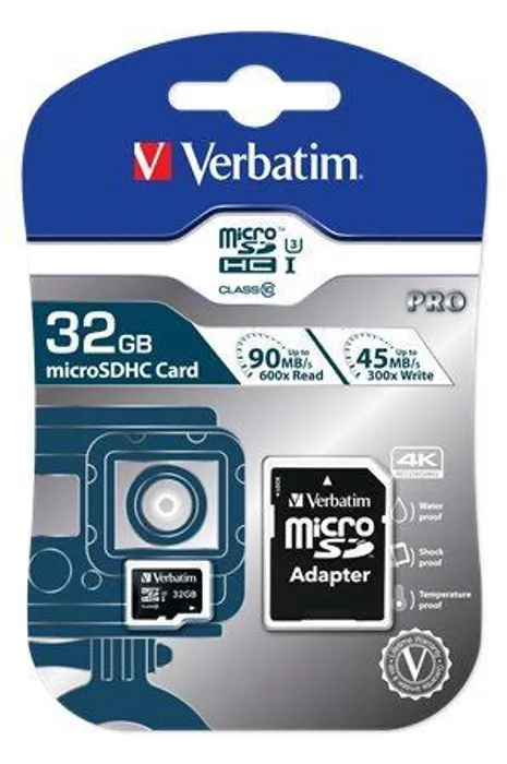Hauptproduktbild Paměťová karta, microSDHC, 32GB, Class 10 UHS I, s adaptérem, VERBATIM "PRO"