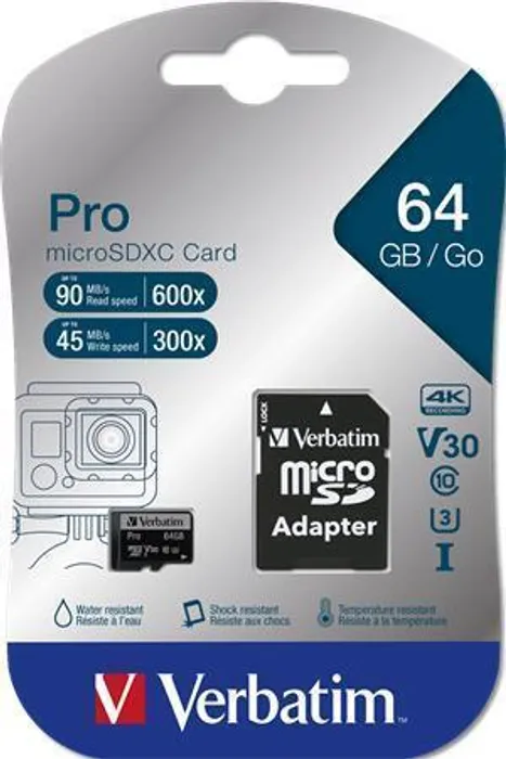 Hauptproduktbild Paměťová karta, microSDXC, 64GB, Class 10 USH-I, s adaptérem, VERBATIM "PRO"