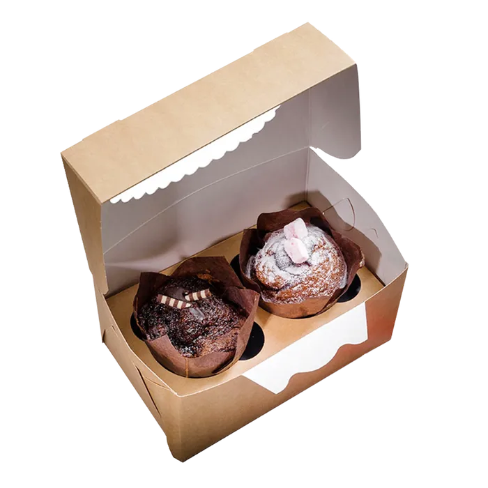 Hauptproduktbild Papírová krabička EKO na muffiny 100x160x100 mm hnědá s okénkem [25 ks]
