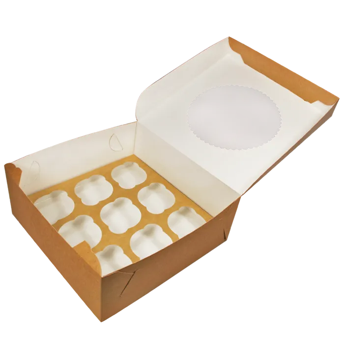 Hauptproduktbild Papírová krabička EKO na muffiny 250x250x100 mm hnědá s okénkem [25 ks]