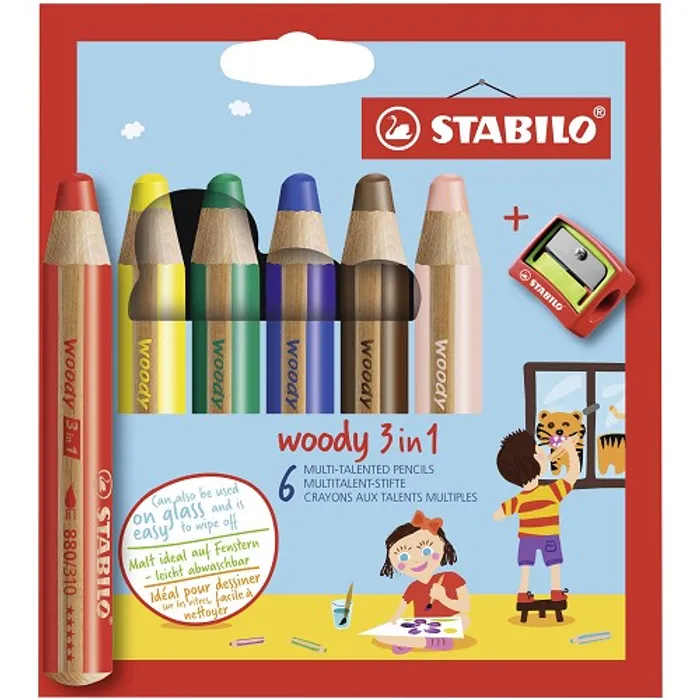 Hauptproduktbild Pastelka, vodovka & voskovka v jednom STABILO woody 3 in 1 - 6 ks sada s ořezávátkem