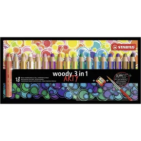 Buntstift, Wasserlinie und Wachsstift in einem STABILO woody 3 in 1 ARTY – 18-teiliges Set + Spitzer