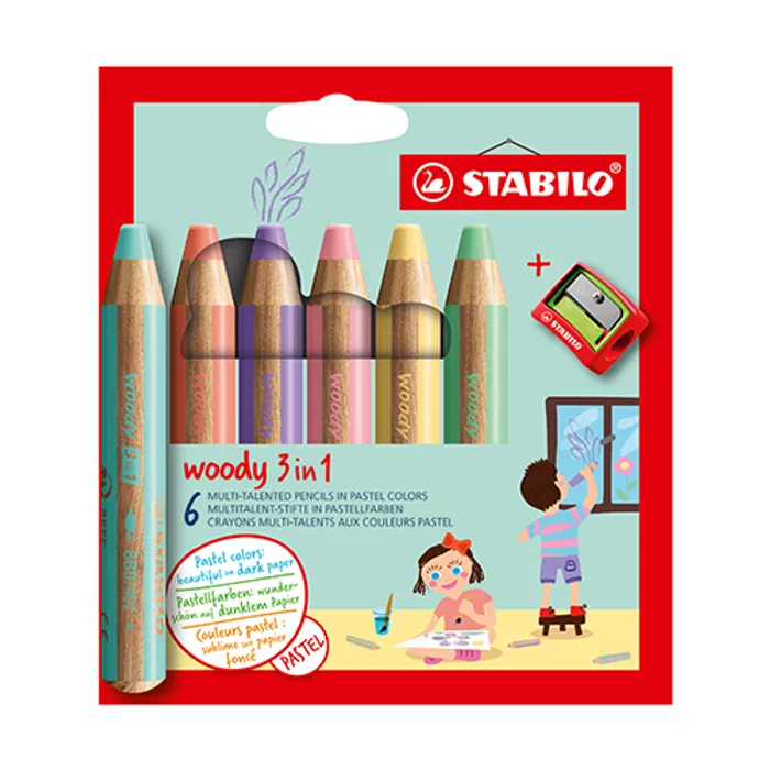 Hauptproduktbild Pastelka, vodovka & voskovka v jednom STABILO woody 3 in 1 PASTEL - 6 ks s ořezávátkem