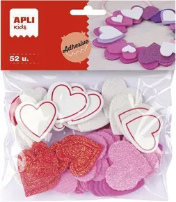 Schaumstoffplatte, selbstklebend, mit Glitzer, Herzform, bunt gemischt, APLI Eva Sheets