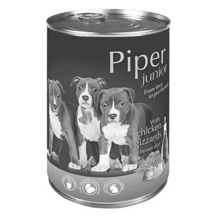 Hauptproduktbild PIPER JUNIOR s kuřecími žaludky a hnědou rýží, konzerva pro štěňata 400g
