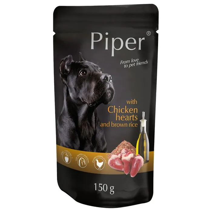 Hauptproduktbild PIPER s kuřecími srdíčky a hnědou rýží, kapsička pro psy 150 g