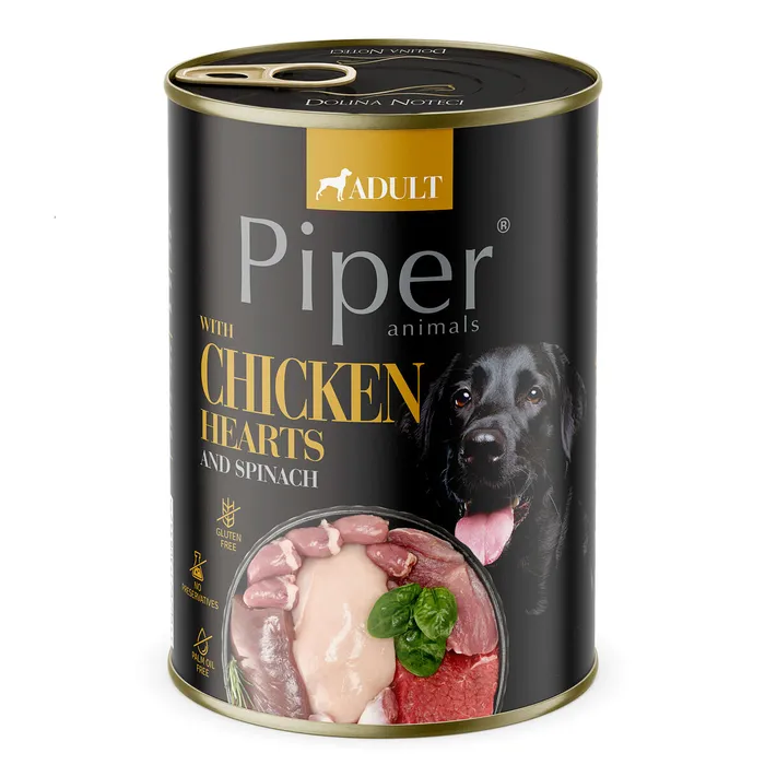 Hauptproduktbild PIPER s kuřecími srdíčky a hnědou rýží, konzerva pro psy 400g