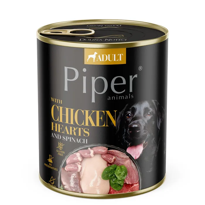 Hauptproduktbild PIPER s kuřecími srdíčky a hnědou rýží, konzerva pro psy 800g