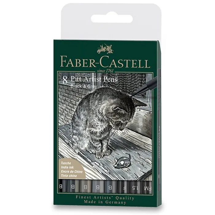 Hauptproduktbild Popisovač Faber-Castell Pitt Artist Pen Black&Grey sada 8 ks, různé hroty, černý a šedý