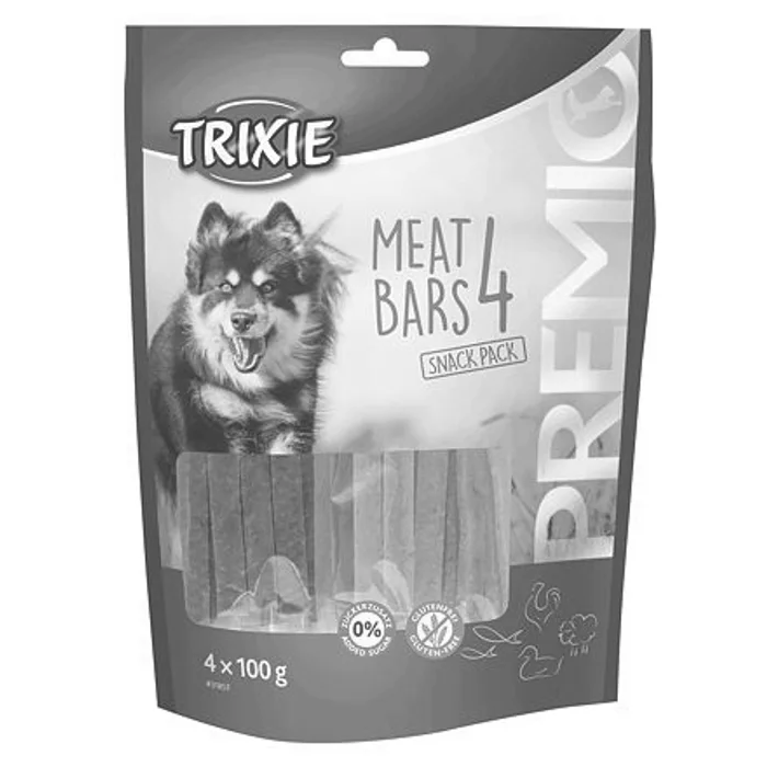 Hauptproduktbild PREMIO 4 Meat Bars - pásky kuřecí, kachna, jehněčí, losos, 4x100g