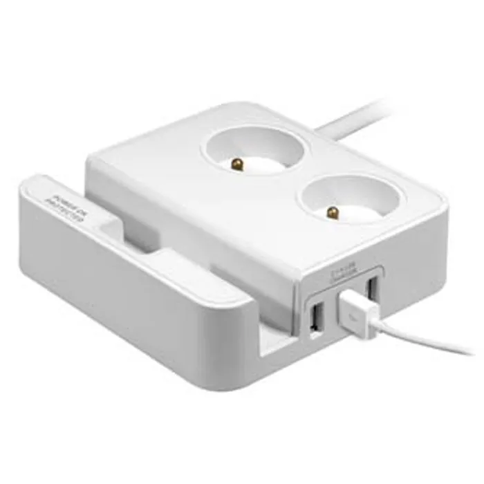 Hauptproduktbild Přepěťová ochrana, 2 zásuvky, bílá, Logo, 3x USB, se stojánkem na tablet,mobil