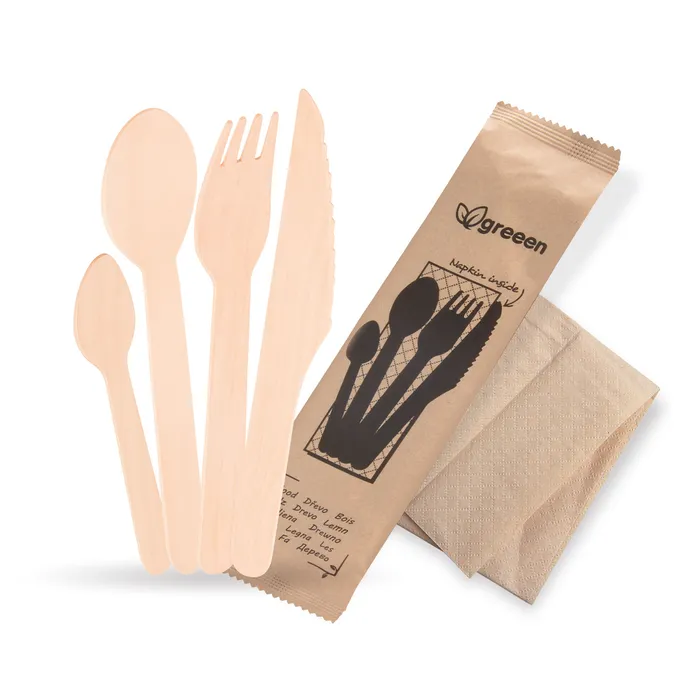 Hauptproduktbild Příborová sada (dřevo FSC 100%) nůž-vidlička-lžíce-lžička+ubrousek [50 sad]